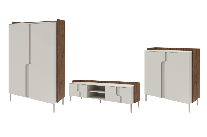 Wohnzimmermöbel Set in Weiß und Holzoptik mit TV-Board und Schrank.