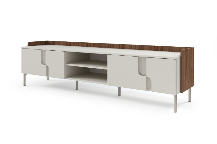 Modernes TV-Lowboard in Beige und Walnuss-Optik mit Türen und offenen Fächern.