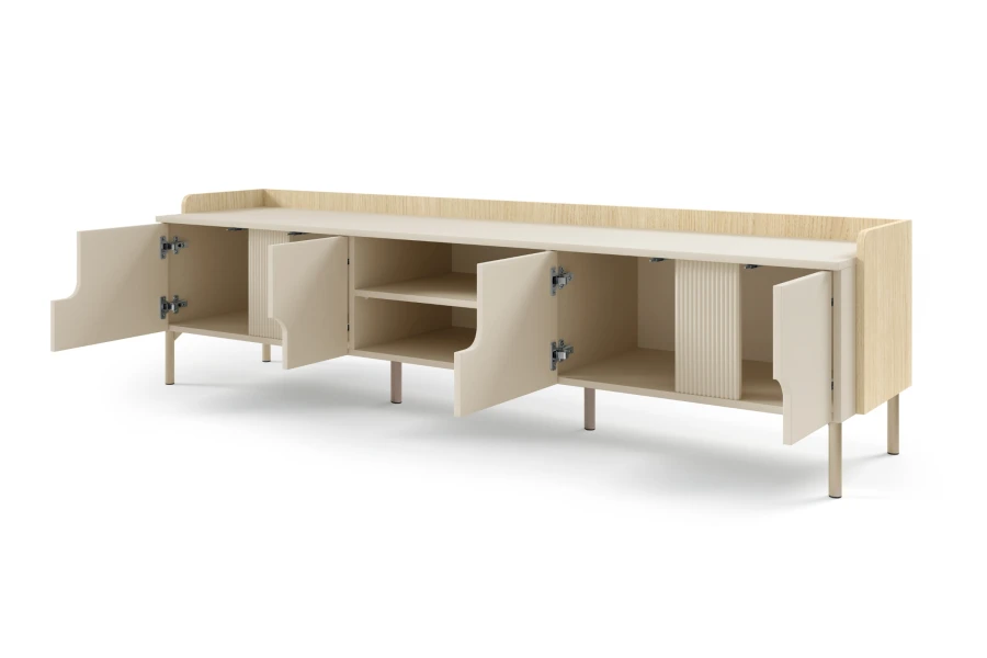 Geöffnetes TV-Board in Beige mit viel Stauraum und Fächern