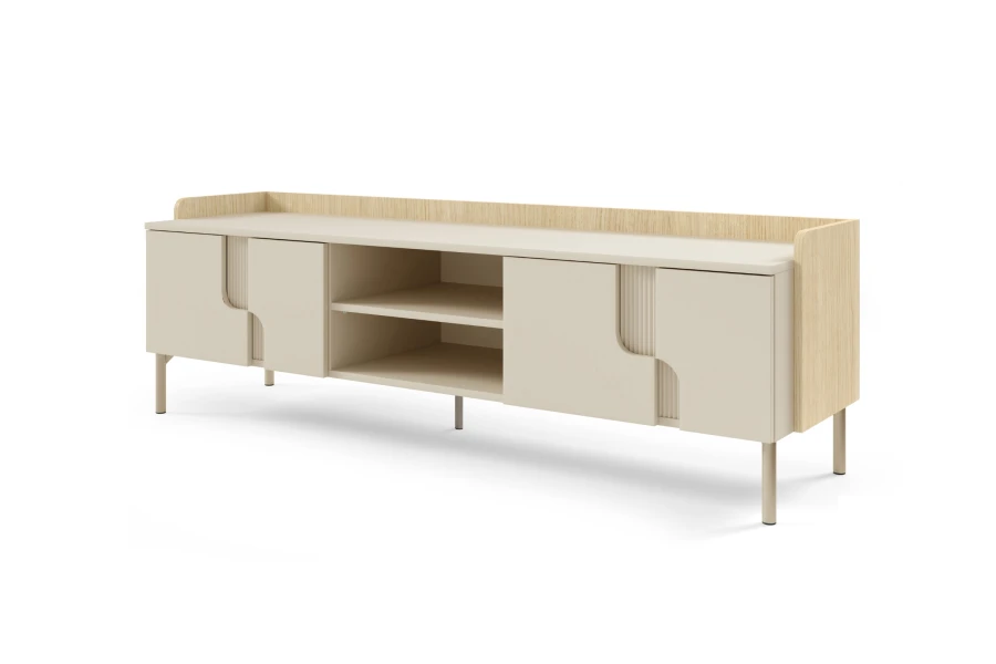 Elegantes TV-Board in Beige und Eiche hell mit strukturierten Fronten.
