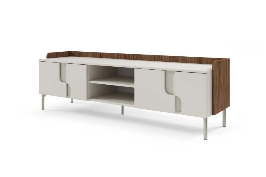 Stilvolles TV-Lowboard in Beige und Walnuss-Optik mit Rillen-Details.