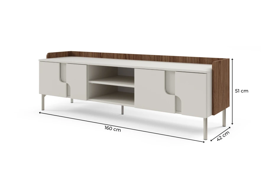 Abmessungen des TV-Lowboards in Walnuss-Optik: 160 cm x 51 cm x 42 cm.