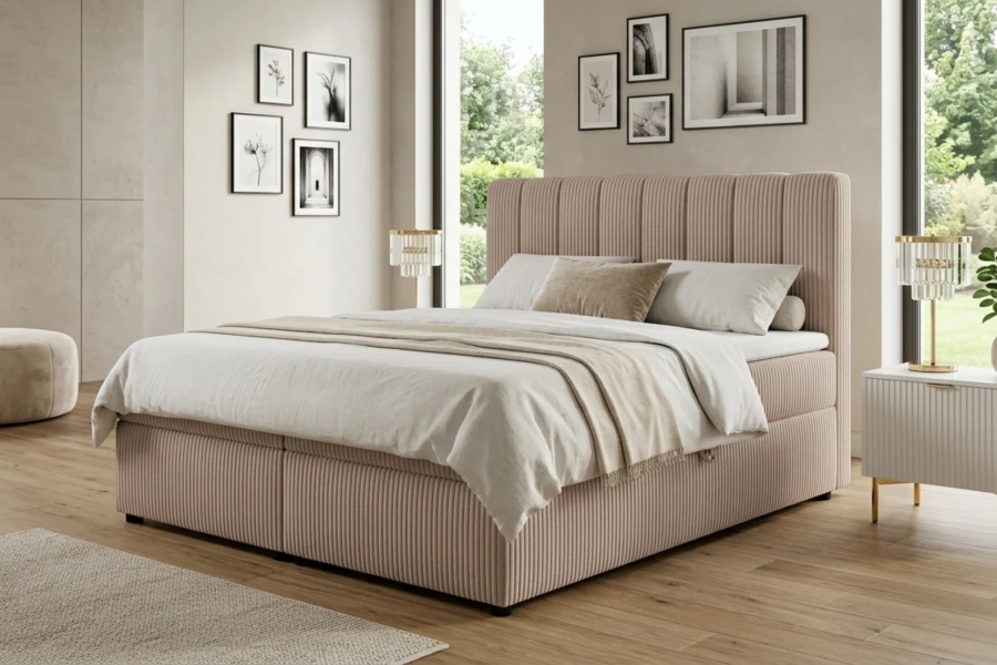 Modernes Schlafzimmer-Ambiente mit dem beigen Cord-Boxspringbett Victor.