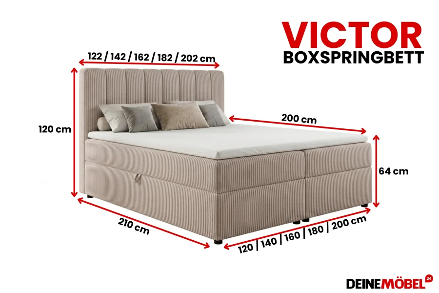 Maßangaben und technische Details zum Victor Boxspringbett in verschiedenen Größen.