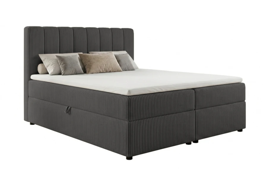 Modernes Boxspringbett in Anthrazit mit Cord-Bezug und Bettkasten auf weißem Hintergrund.
