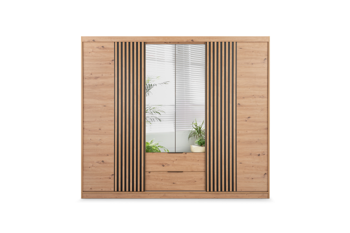 Moderner Schrank mit Spiegel und Lamellen-Front in Eiche-Nachbildung