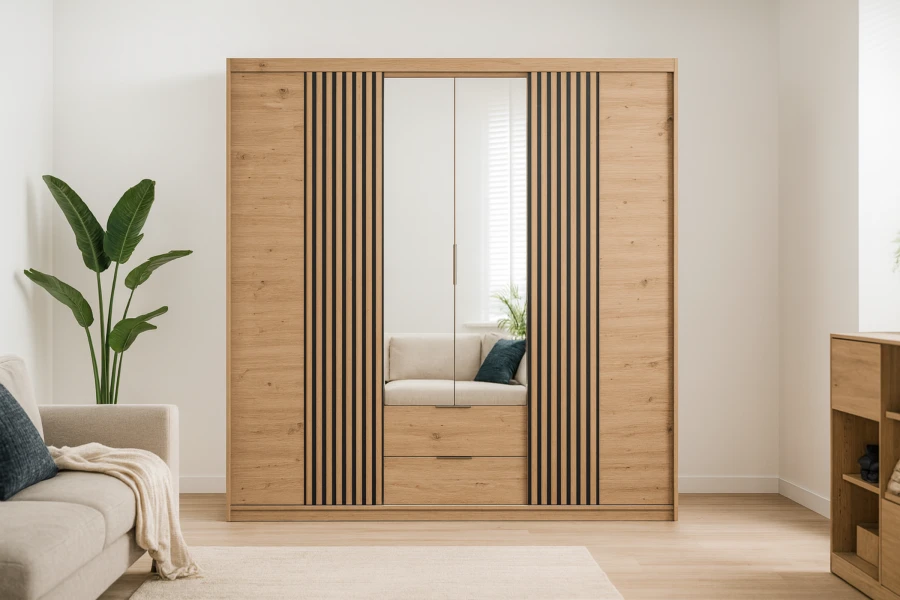 Eichenschrank mit Lamellen und Spiegel in einem hellen, modernen Wohnraum