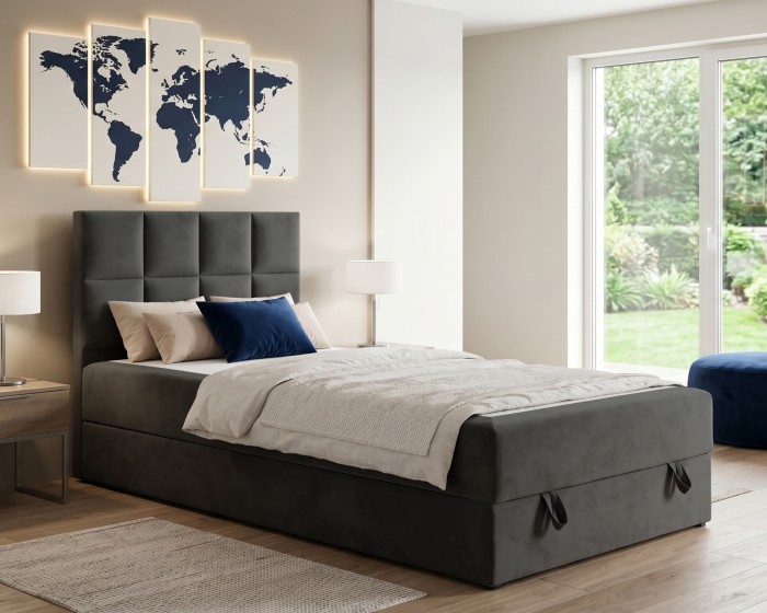 Modernes Polsterbett in Dunkelgrau mit Bettkasten und hohem Kopfteil in hellem Schlafzimmer.