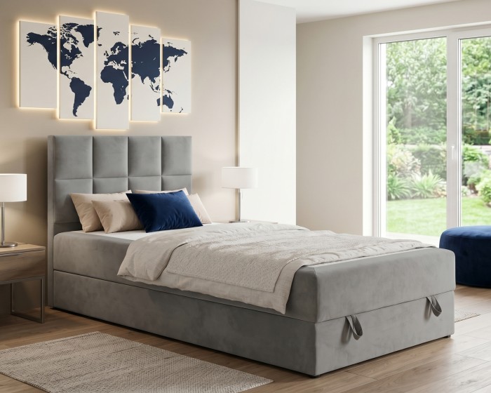 Graues Polsterbett mit Bettkasten und hohem Kopfteil in modernem Schlafzimmer mit Weltkarte.