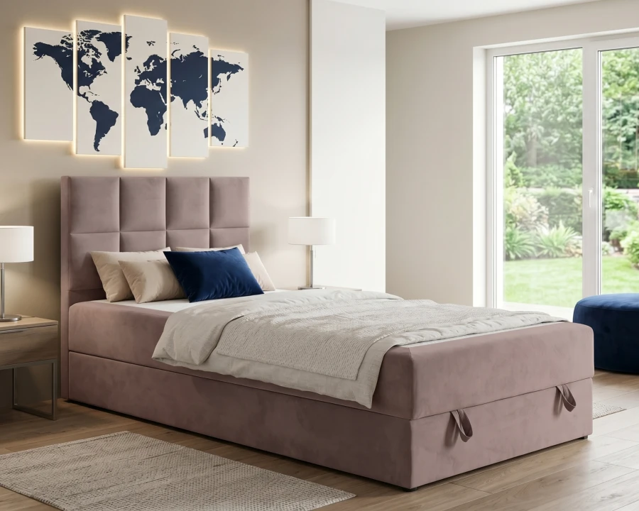Modernes Polsterbett in Altrosa mit gestepptem Kopfteil im hellen Schlafzimmer.