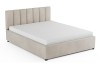 Modernes Polsterbett in Beige mit vertikal gestepptem Kopfteil und weißer Matratze.