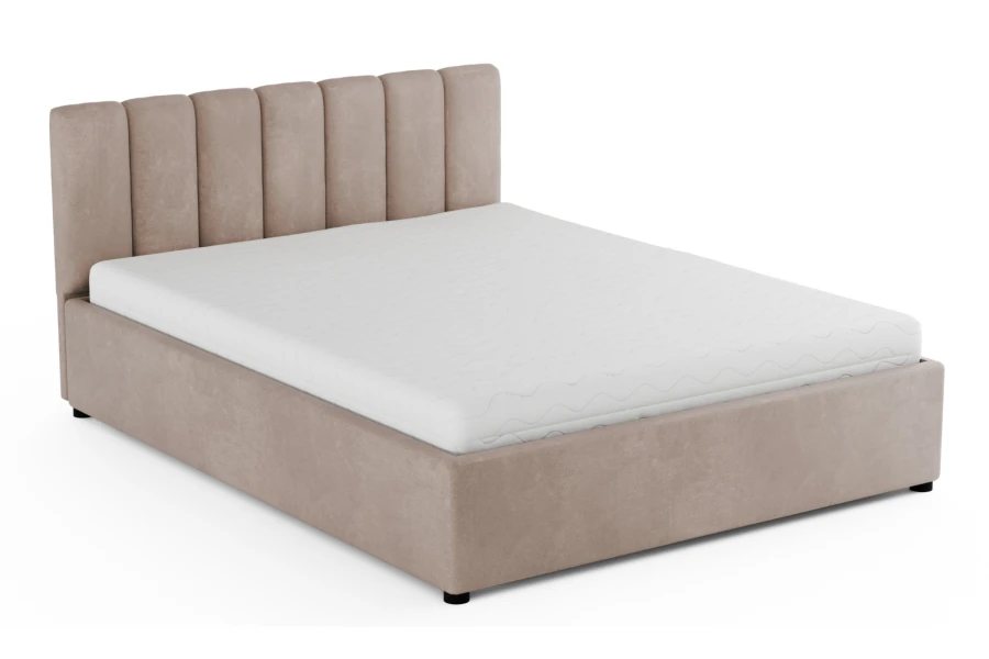 Elegantes Polsterbett in Taupe mit hohem, gestepptem Kopfteil auf weißem Hintergrund.