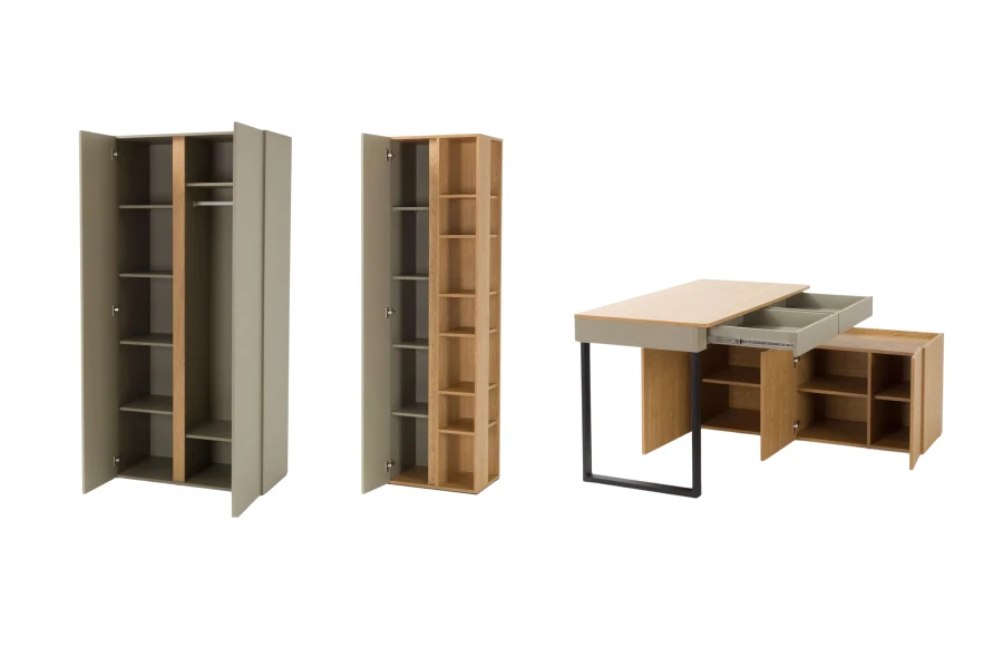 Geöffnete Möbel-Kombination: Schrank, Regal und Schreibtisch mit viel Stauraum.