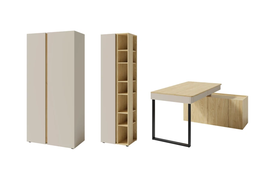 Zeitloses Büro-Set mit Schrank, Regal und Eckschreibtisch in hellem Beige und Holz.