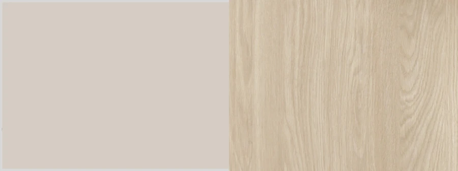 Materialmuster: Kombination aus mattem Beige und heller Eichenholz-Struktur.