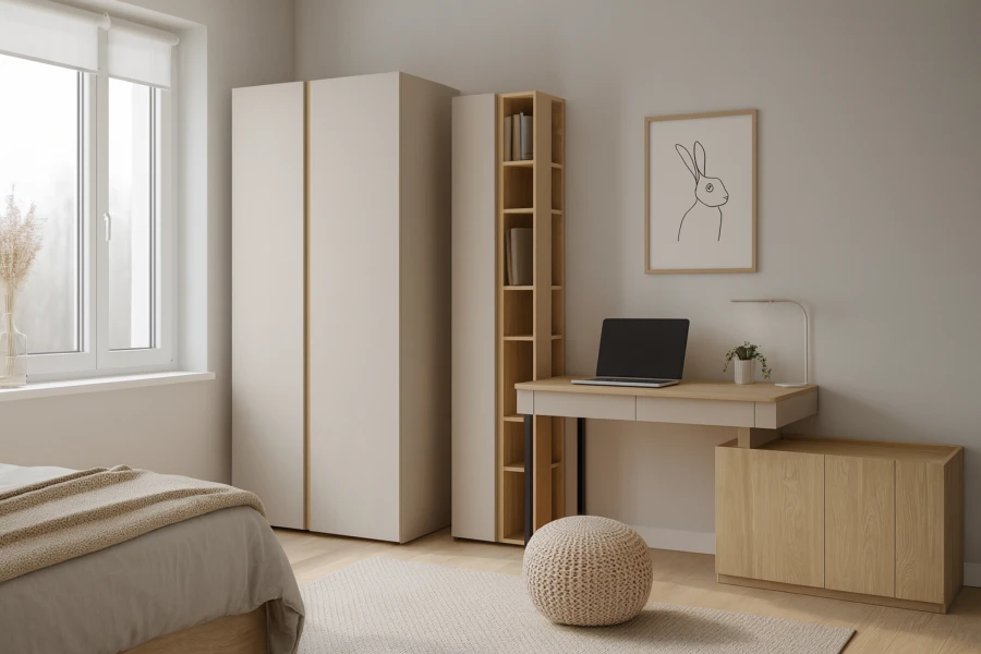 Modernes Schlafzimmer mit beigem Kleiderschrank, Holzregal und minimalistischem Schreibtisch.