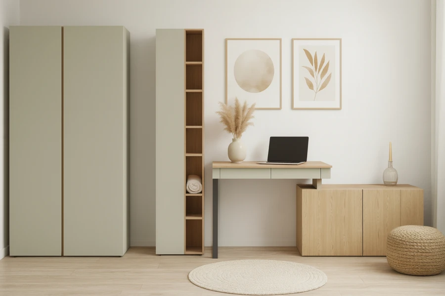 Skandinavisches Home-Office mit grünem Schrank, Holz-Sideboard und modernen Wandbildern.