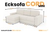 Technische Zeichnung mit Maßen für das Ecksofa Cord Mini in hellem Stoff mit Schlaffunktion.