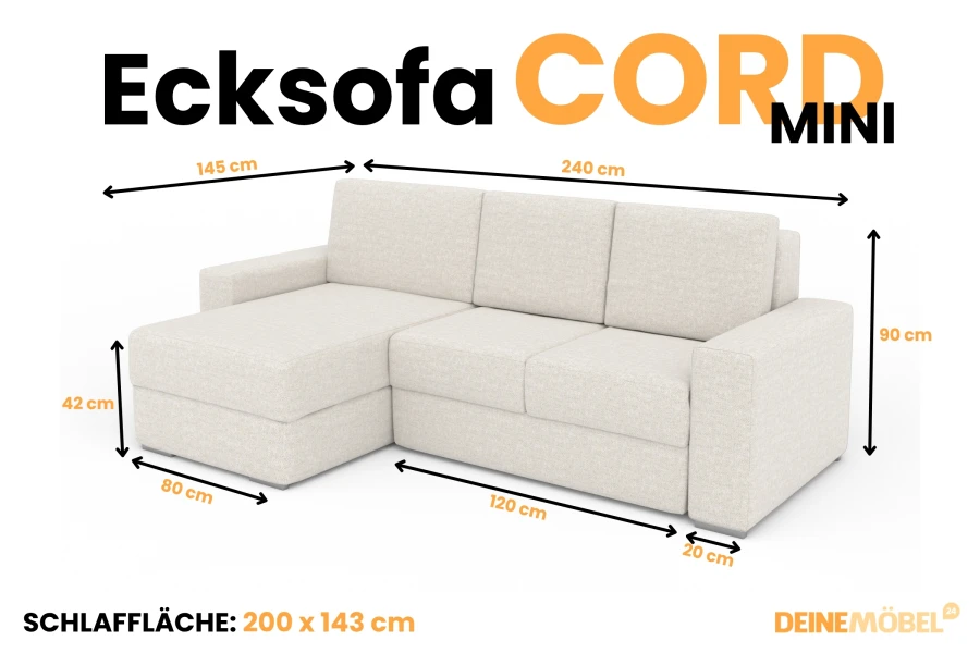 Technische Zeichnung mit Maßen für das Ecksofa Cord Mini in hellem Stoff mit Schlaffunktion.