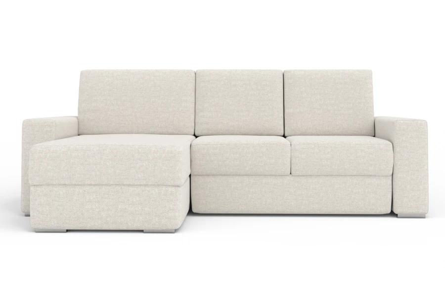 Modernes beiges Ecksofa mit Schlaffunktion in Frontansicht vor weißem Hintergrund.