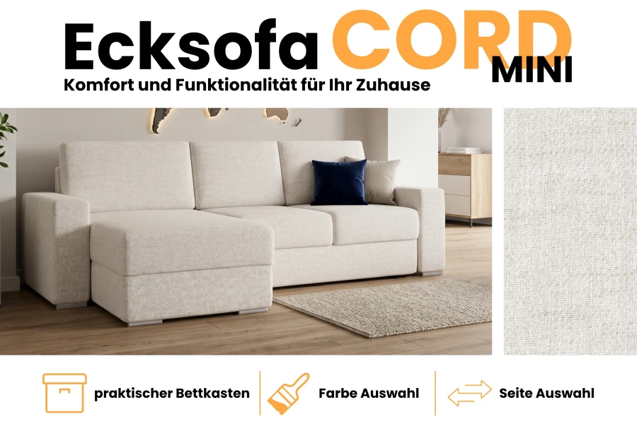 Ecksofa Cord Mini Infografik: Highlights wie Bettkasten, Stoffprobe und individuelle Auswahl.