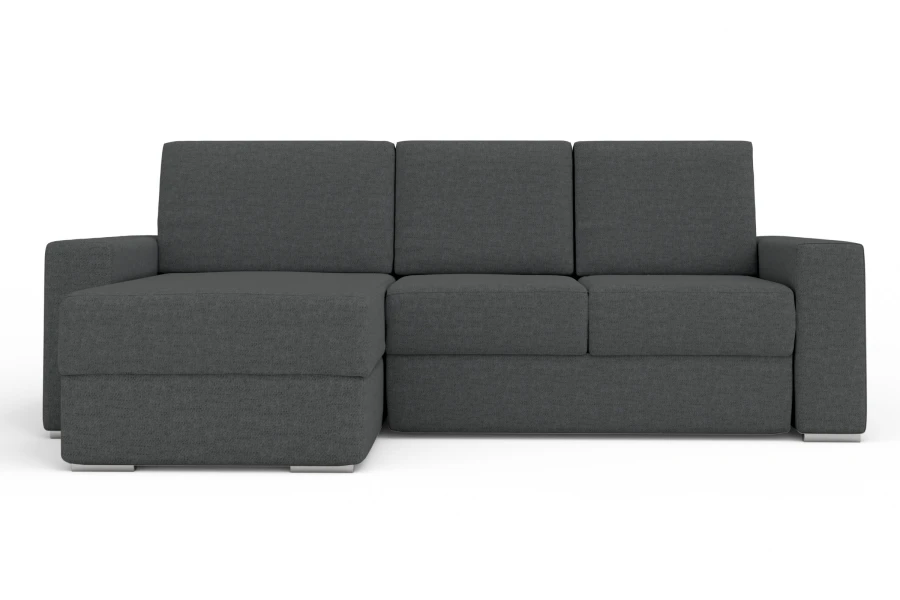 Dunkelgraues Ecksofa in L-Form vor weißem Hintergrund.