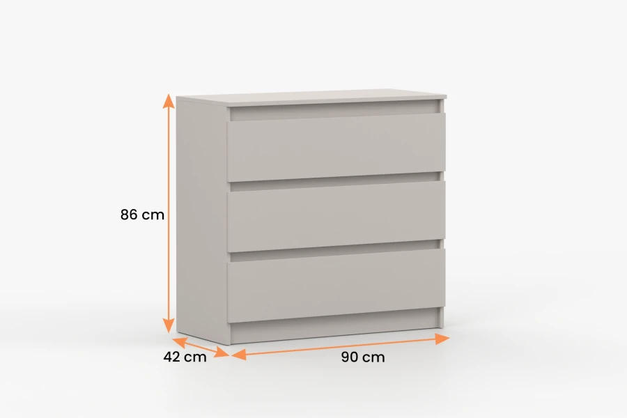 Graue Kommode mit 3 Schubladen und Abmessungen: 90 cm Breite, 86 cm Höhe, 42 cm Tiefe.