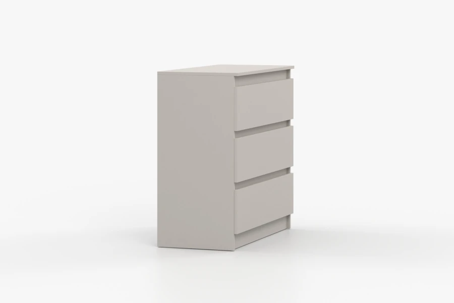 Seitenansicht einer schlichten grauen Kommode mit drei Schubfächern in zeitlosem Design.