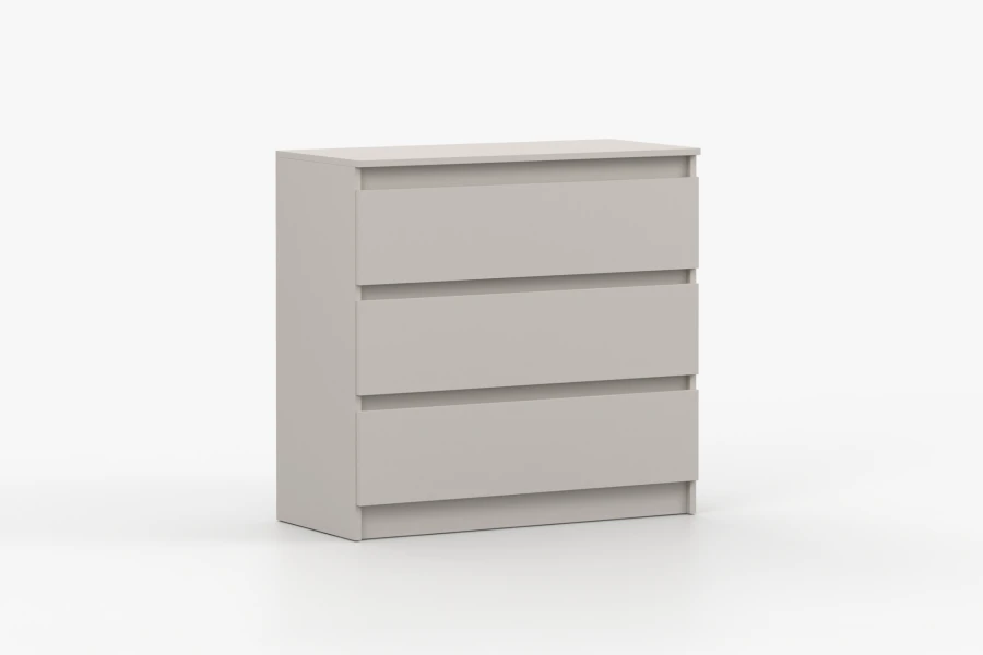 Beige Kommode mit drei Schubladen, Seitenansicht, ideal für Schlafzimmer oder Flur.