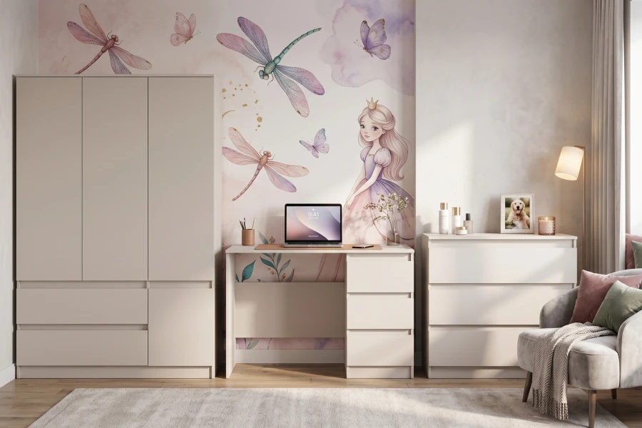 Hellbeiges Jugendzimmer Möbelset mit Schreibtisch, Kommode und verspielter Wanddeko.