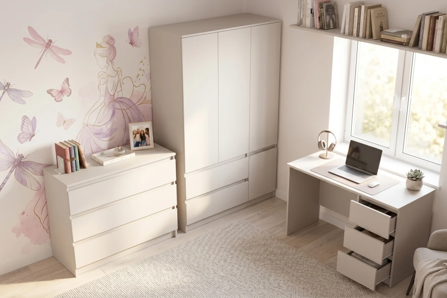 Modernes Kinderzimmer Set in Beige mit Schreibtisch, Kleiderschrank und Kommode für Mädchen.