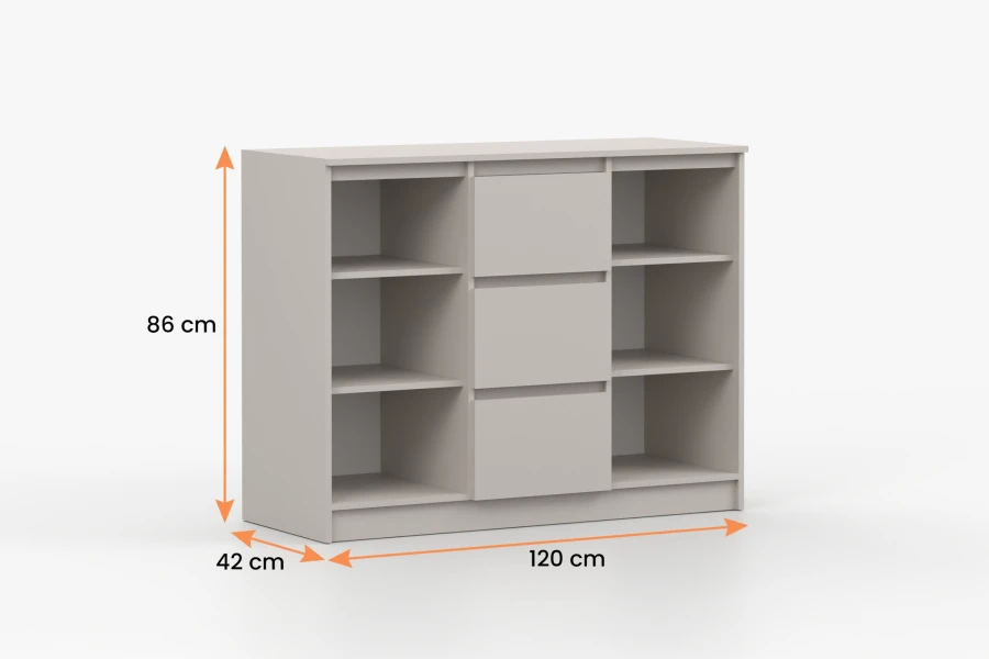 Maße der Simo Kommode: 120x86x42 cm mit praktischer Innenaufteilung aus Schubladen und Regalfächern.
