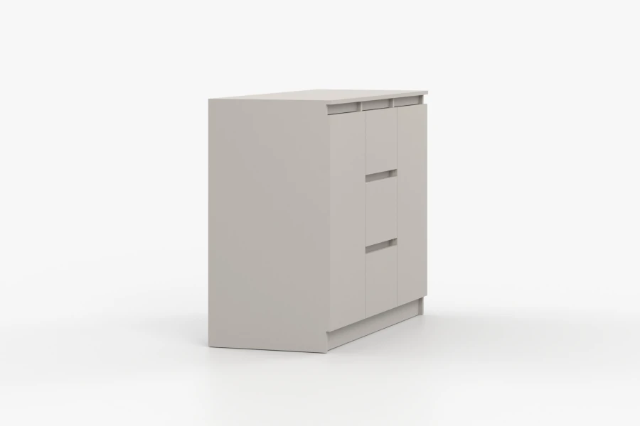 Moderne Kommode in Beige mit grifflosen Fronten, Seitenansicht für ein schlichtes Wohn- oder Schlafzimmer.