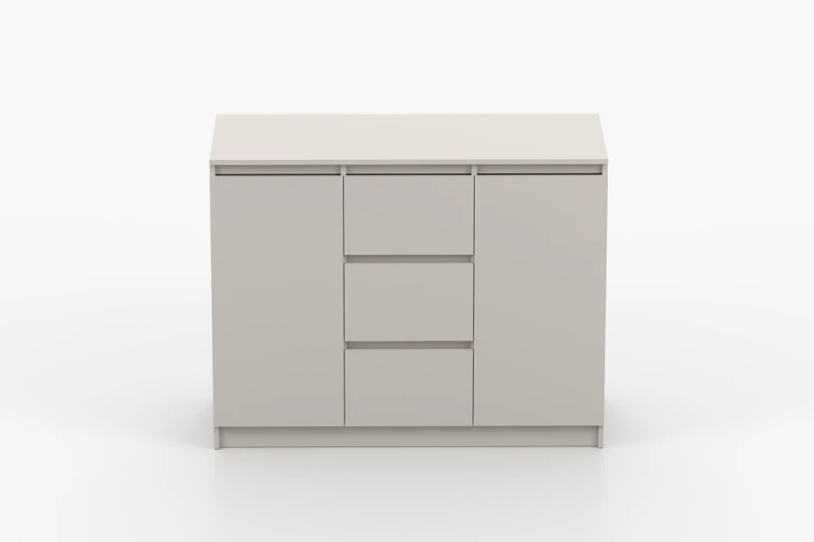 Frontansicht einer beigen Kommode mit 2 Türen und 3 Schubladen im minimalistischen Design.