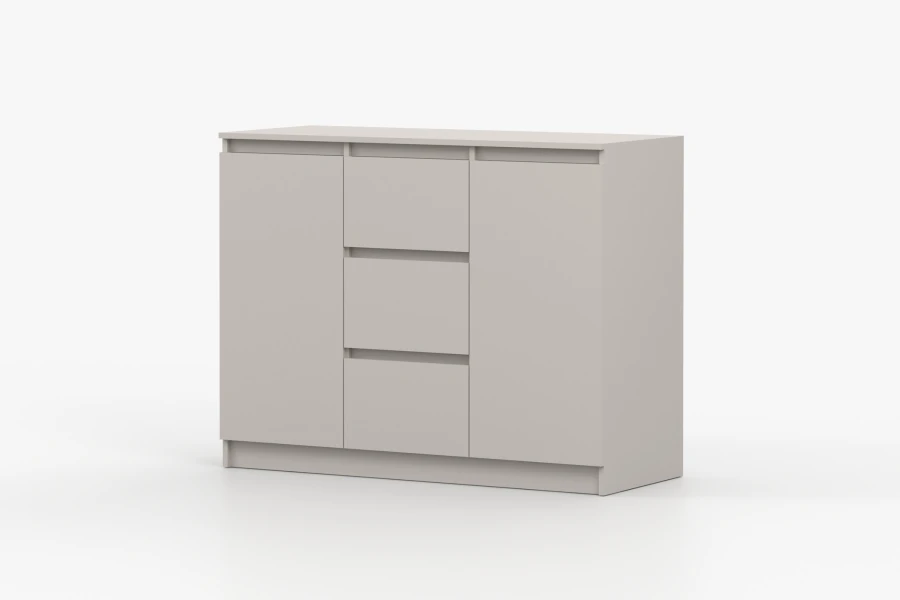 Beige Kommode mit 2 Türen und 3 Schubladen in moderner Optik, schräge Ansicht rechts.