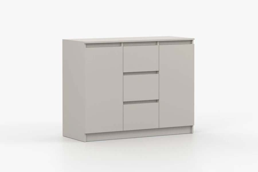 Moderne sandfarbene Kommode mit Türen und Schubfächern, perspektivische Ansicht links.