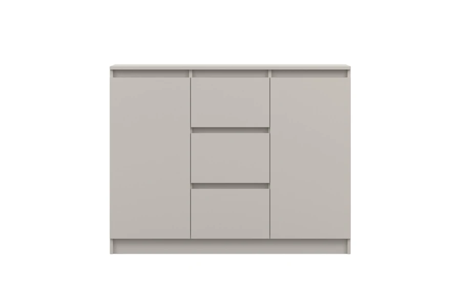 Frontale Ansicht einer schlichten beige-farbenen Kommode für Schlafzimmer oder Büro.
