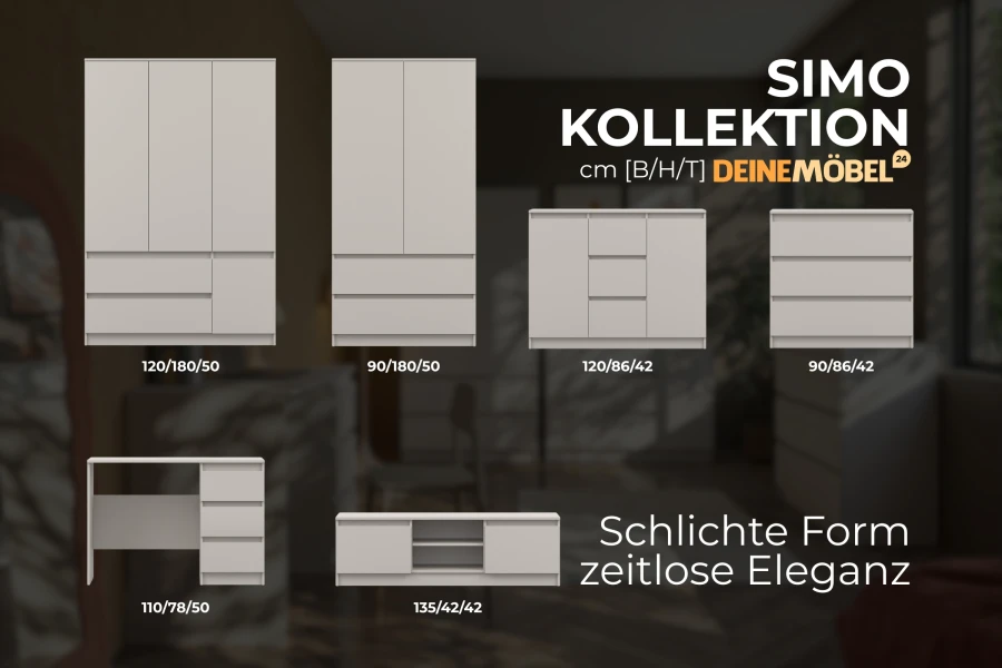 SIMO Kollektion: Übersicht verschiedener Möbelstücke wie Schrank und Schreibtisch mit Maßen.