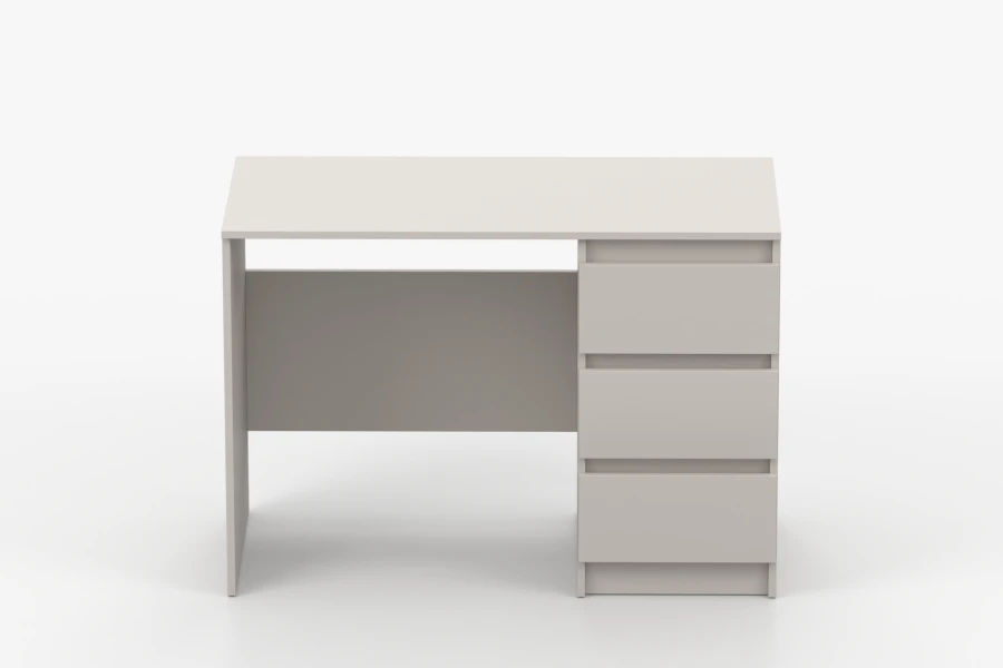 Minimalistischer Schreibtisch in Beige mit drei Schubladen, Frontansicht für Arbeitszimmer.
