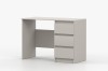 Minimalistischer beiger Schreibtisch mit Schubladenelement, Seitenansicht.