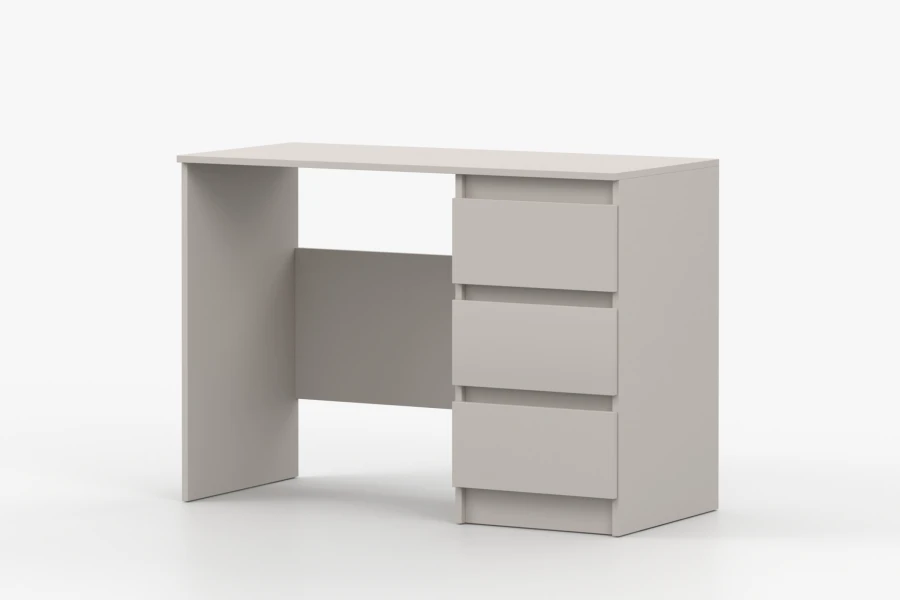 Minimalistischer beiger Schreibtisch mit Schubladenelement, Seitenansicht.