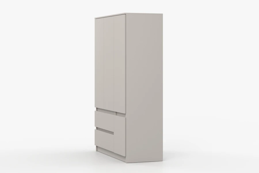 Seitenansicht eines modernen beige-farbenen Kleiderschranks mit drei Türen und integrierten Schubladen.
