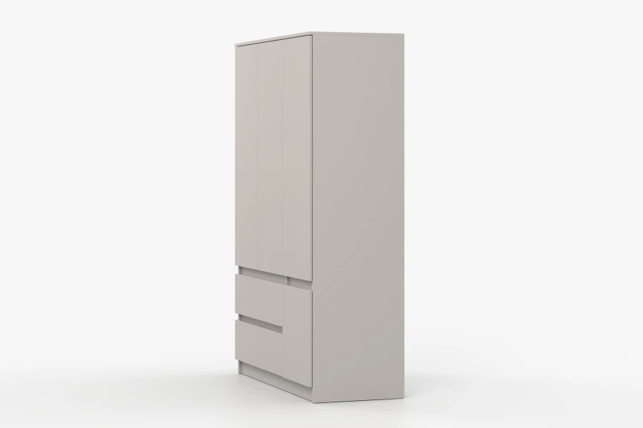 Zijaanzicht van een moderne beige-kleurige kledingkast met drie deuren en geïntegreerde lades.