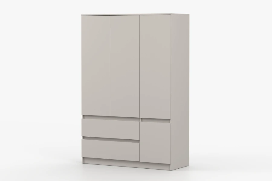 Frontansicht des 3-türigen Kleiderschranks Simo in Beige, minimalistisches Design mit praktischen Schubladen.
