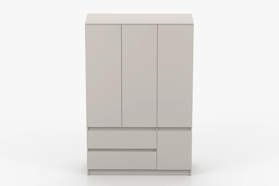 Beiger Kleiderschrank mit 3 Türen und 2 Schubladen, moderne Frontansicht.