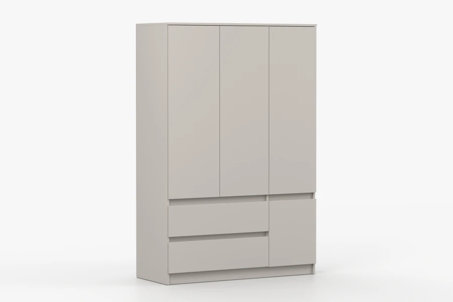 Seitenansicht eines modernen beigen Kleiderschranks für das Schlafzimmer.