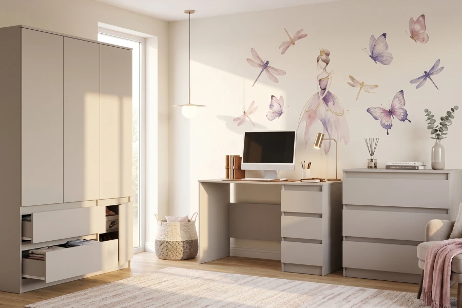 Helles Kinderzimmer mit Kleiderschrank, Schreibtisch und dekorativen Wandstickern.