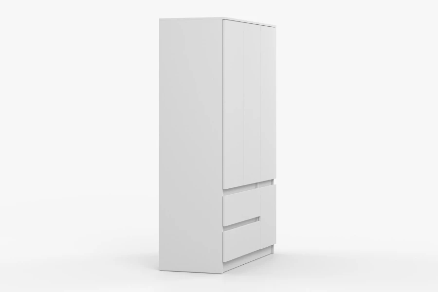 Seitenansicht eines minimalistischen 3-türigen weißen Kleiderschranks mit Schubladen.