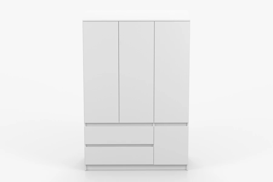Moderner weißer Kleiderschrank mit 3 Türen und Schubladen, Frontansicht.