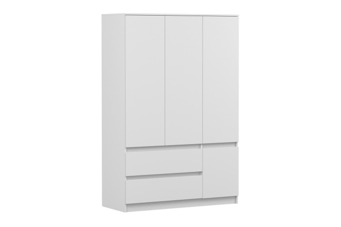 Dreitüriger Kleiderschrank in Weiß mit Schubladenfächern, schräge Ansicht.